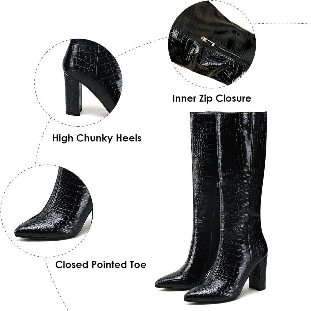 Women's Black Tall Long Calf High Chunky Faux Crocodile Knee High Boots
